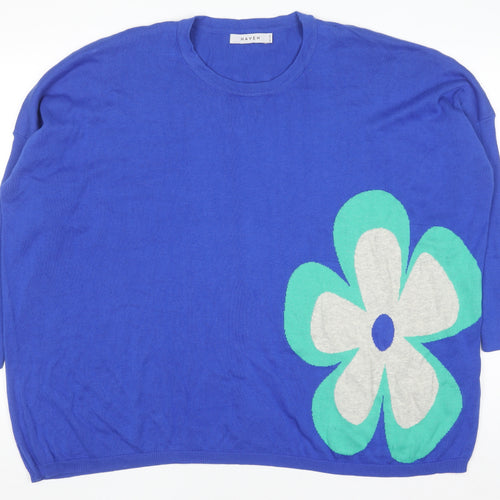 Haven Women Blue Cotton Flower Relaxed Pullover Jumper One Size