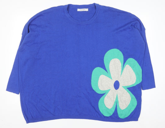 Haven Women Blue Cotton Flower Relaxed Pullover Jumper One Size