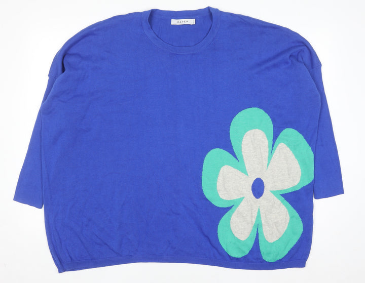Haven Women Blue Cotton Flower Relaxed Pullover Jumper One Size