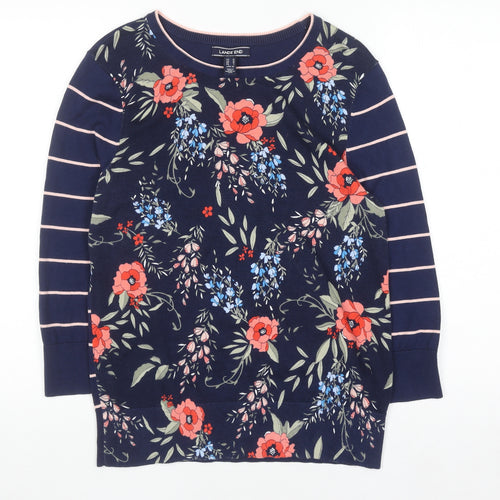 Lands' End Women's Blue Floral & Stripe Cotton Pullover Jumper L