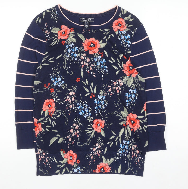 Lands' End Women's Blue Floral & Stripe Cotton Pullover Jumper L