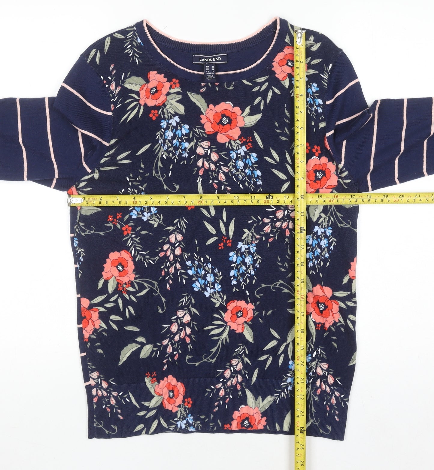 Lands' End Women's Blue Floral & Stripe Cotton Pullover Jumper L