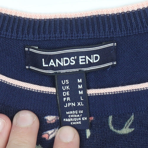 Lands' End Women's Blue Floral & Stripe Cotton Pullover Jumper L