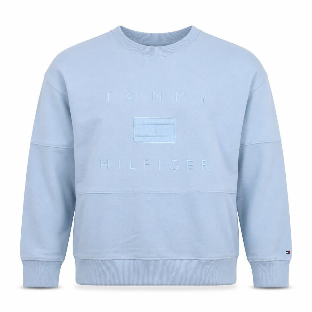 Front view of Tommy Hilfiger Men's Blue Embroidered Logo Pullover Sweatshirt, size S