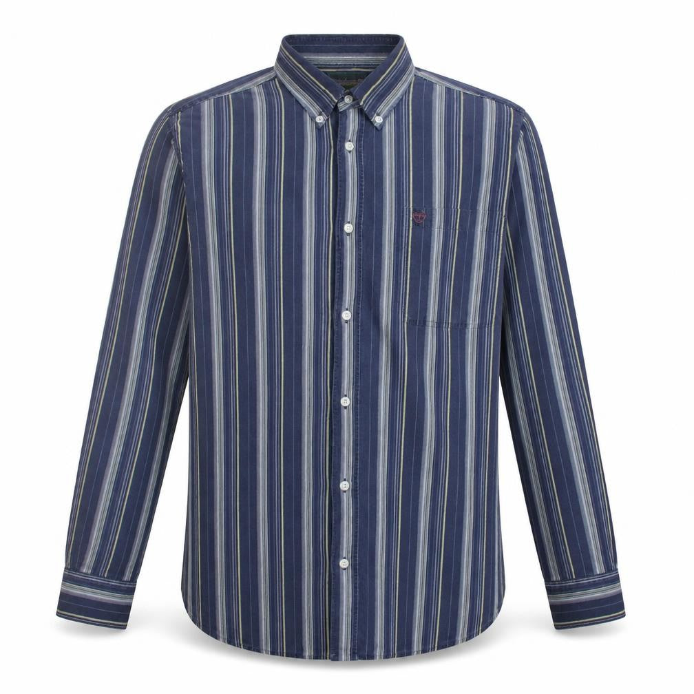 Front view of Timberland Men's Blue Striped Button-Up Long Sleeve Shirt L