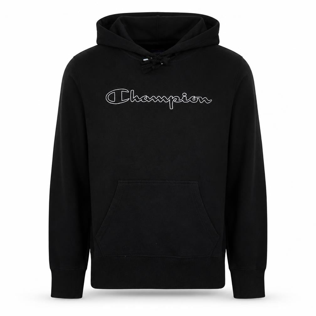 Front view of Champion Men's Black Medium Pullover Hoodie with Logo