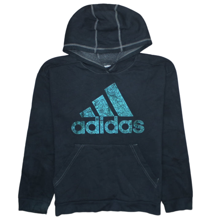Adidas Womens Black Pullover Hoodie Size 10 Logo Graphic Cotton Blend