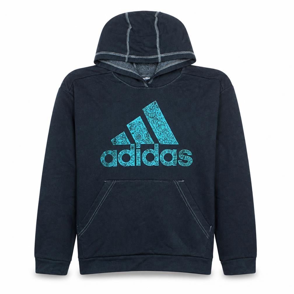 Front view of Adidas women’s black pullover hoodie, size UK 10, logo graphic cotton blend