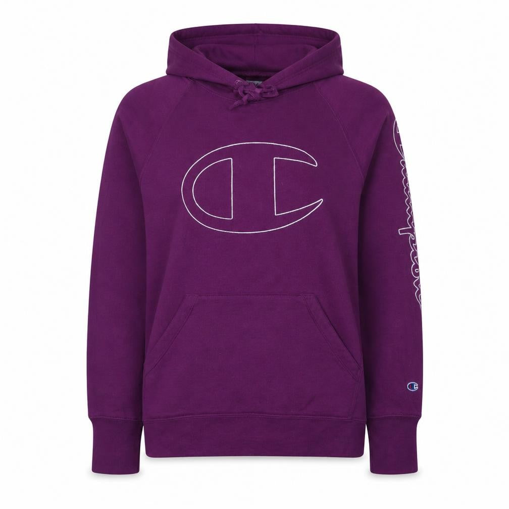 Front view of Champion women’s purple pullover hoodie l logo athleticwear