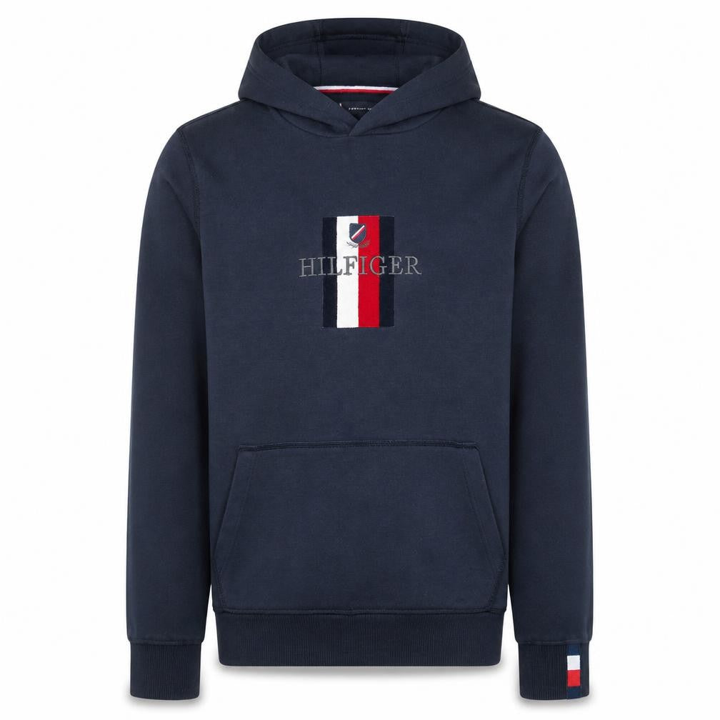 Front view of Tommy Hilfiger Men’s Blue Pullover Hoodie Small Embroidered Logo