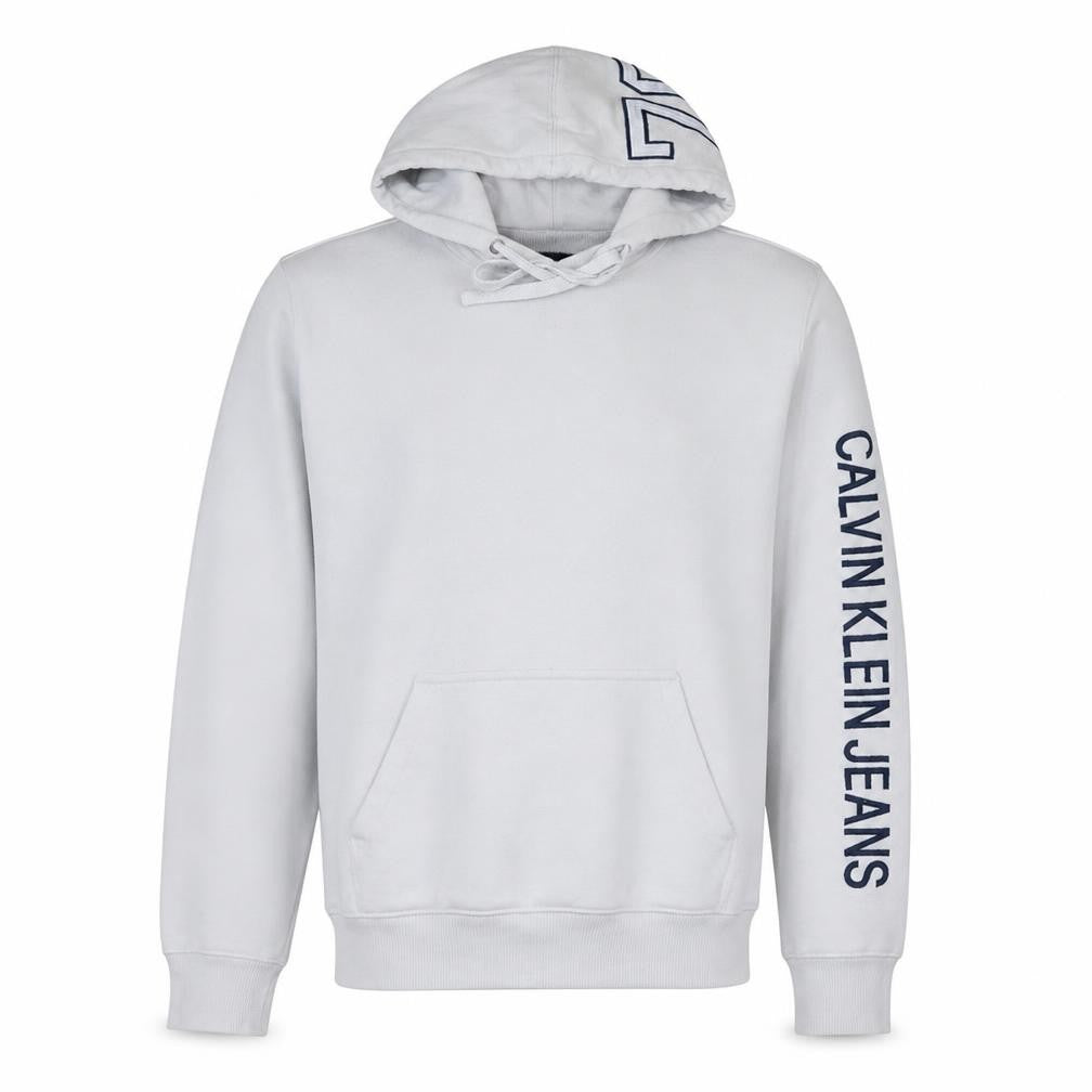 Front view of Calvin Klein Jeans Men's White Pullover Hoodie, size S, Logo Sleeve