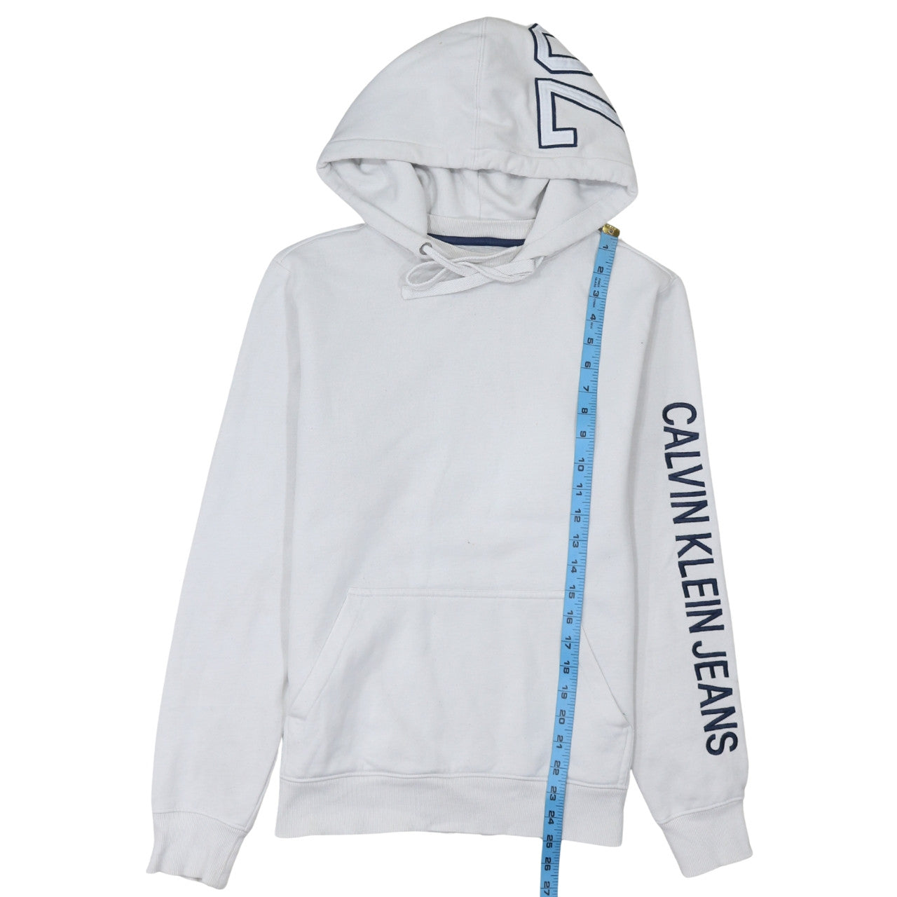 Calvin Klein Jeans Men's White Pullover Hoodie Size S Logo Sleeve