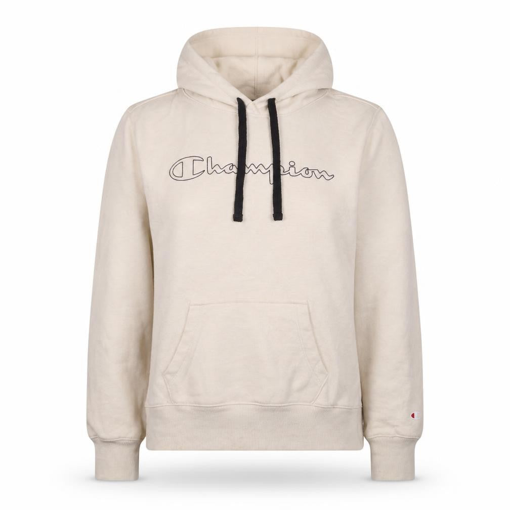 Front view of Champion women’s beige small pullover hoodie sweatshirt