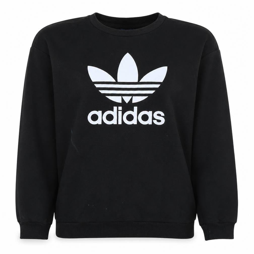 Front view of Adidas women’s black crew neck pullover sweatshirt, size UK 14