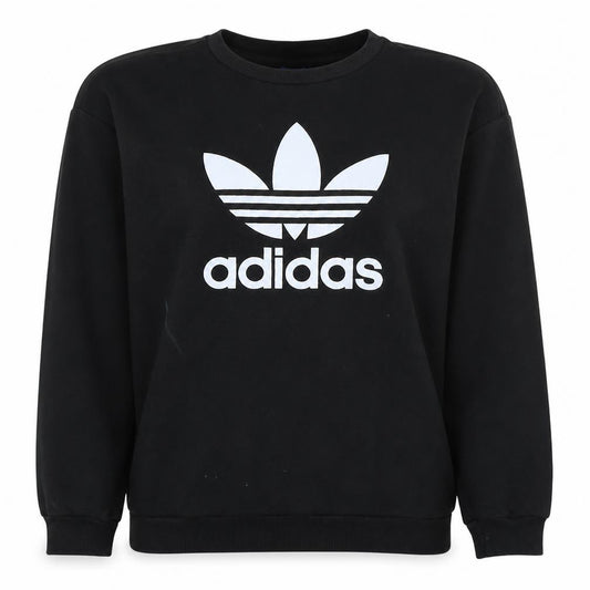 Front view of Adidas women’s black crew neck pullover sweatshirt, size UK 14