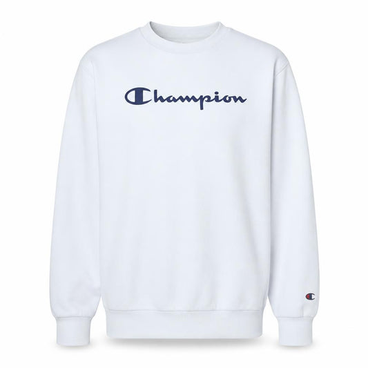 Front view of Champion boys’ white 2xl sweatshirt crew neck long sleeve logo pullover