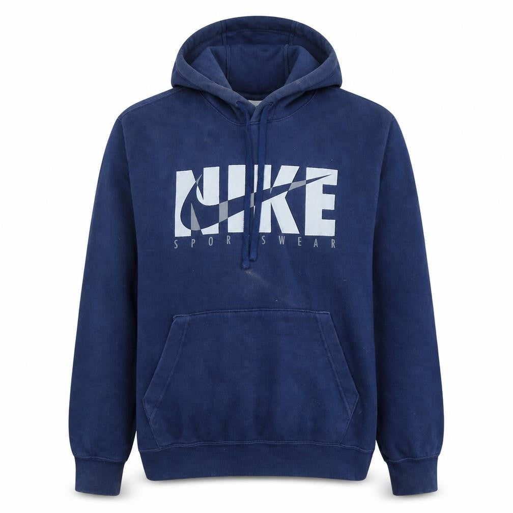 Front view of Nike men’s blue pullover hoodie sportswear logo m regular fit