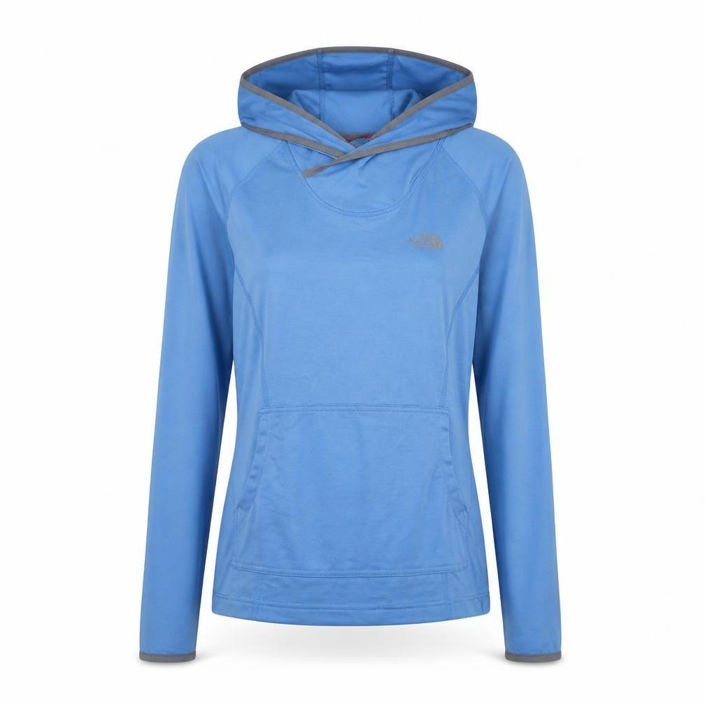 Front view of The North Face women’s blue pullover hoodie small lightweight