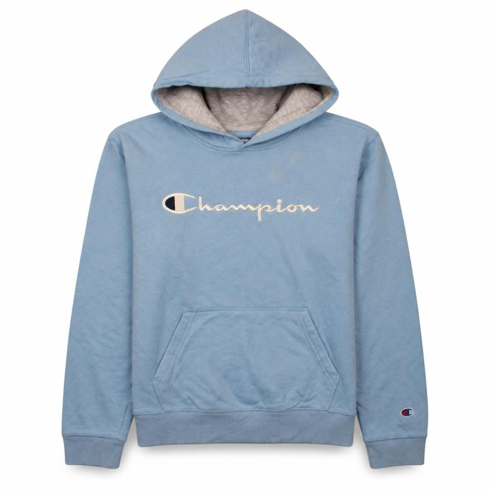 Front view of Champion women’s blue pullover hoodie xl logo embroidered sweatshirt