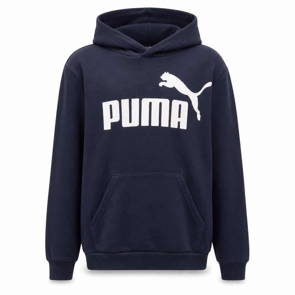 Front view of Puma boys’ navy blue pullover hoodie 13-14 years cotton logo design