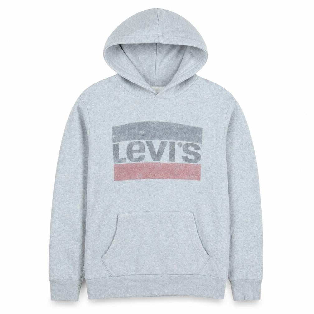 Front view of Levi's Men's Grey Pullover Hoodie Small Logo Fleece Sweatshirt