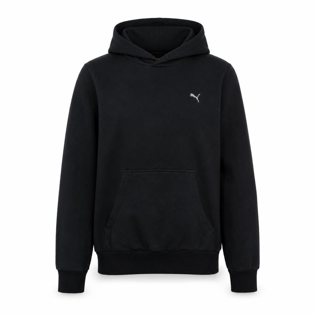 Front view of Puma Men's Black Pullover Hoodie, size L, Regular Fit Sportswear