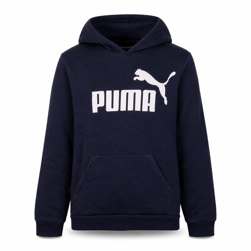 Front view of Puma boys’ navy blue pullover hoodie 15-16 years logo design