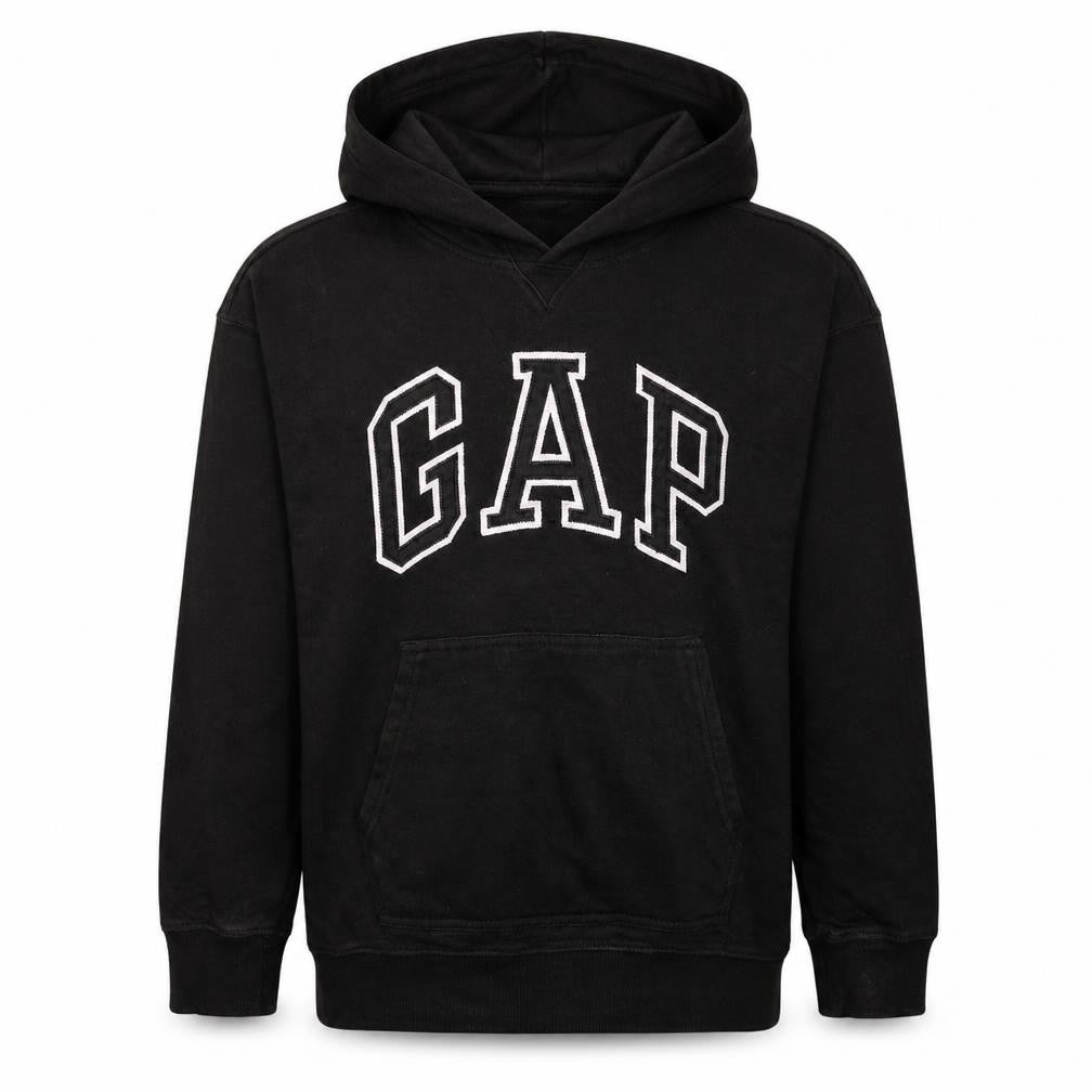 Front view of Gap boys’ black pullover hoodie, size 12, cotton blend casual sweatshirt