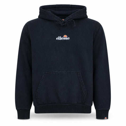 Front view of Ellesse men’s black pullover hoodie medium logo embroidered fleece sweatshirt