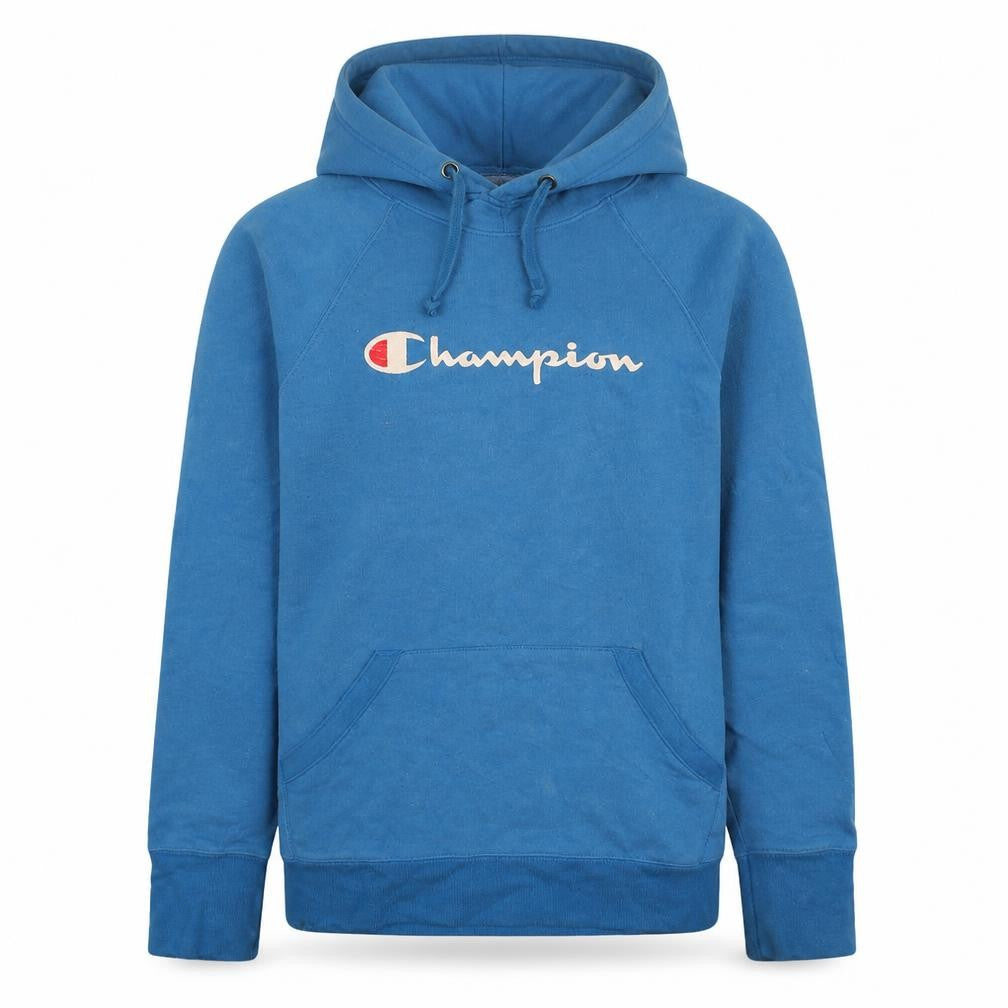 Front view of Champion Men's Blue Pullover Hoodie, size S, Graphic Logo Sweatshirt