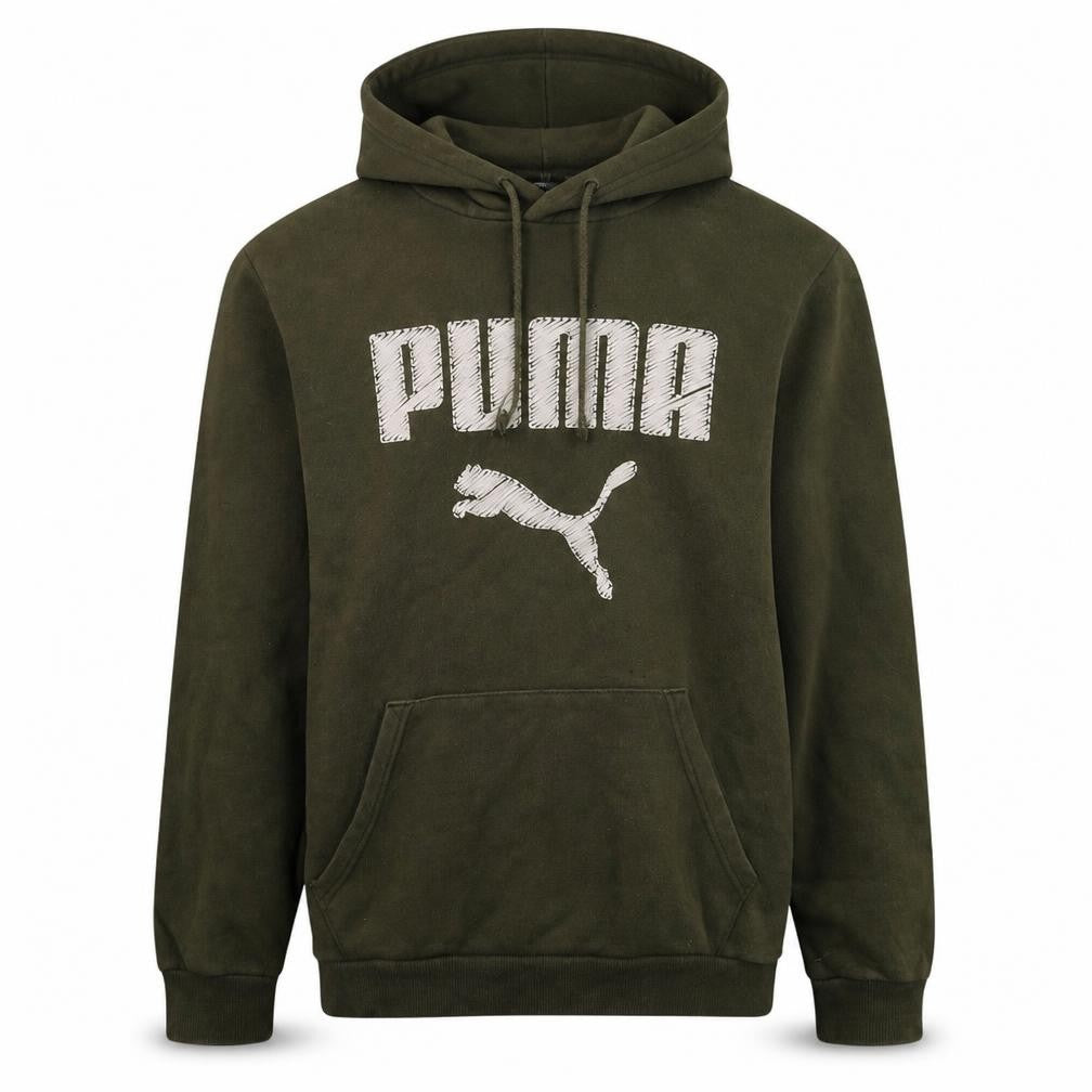 Front view of Puma Men's Green Pullover Hoodie Small Graphic Logo Sweatshirt