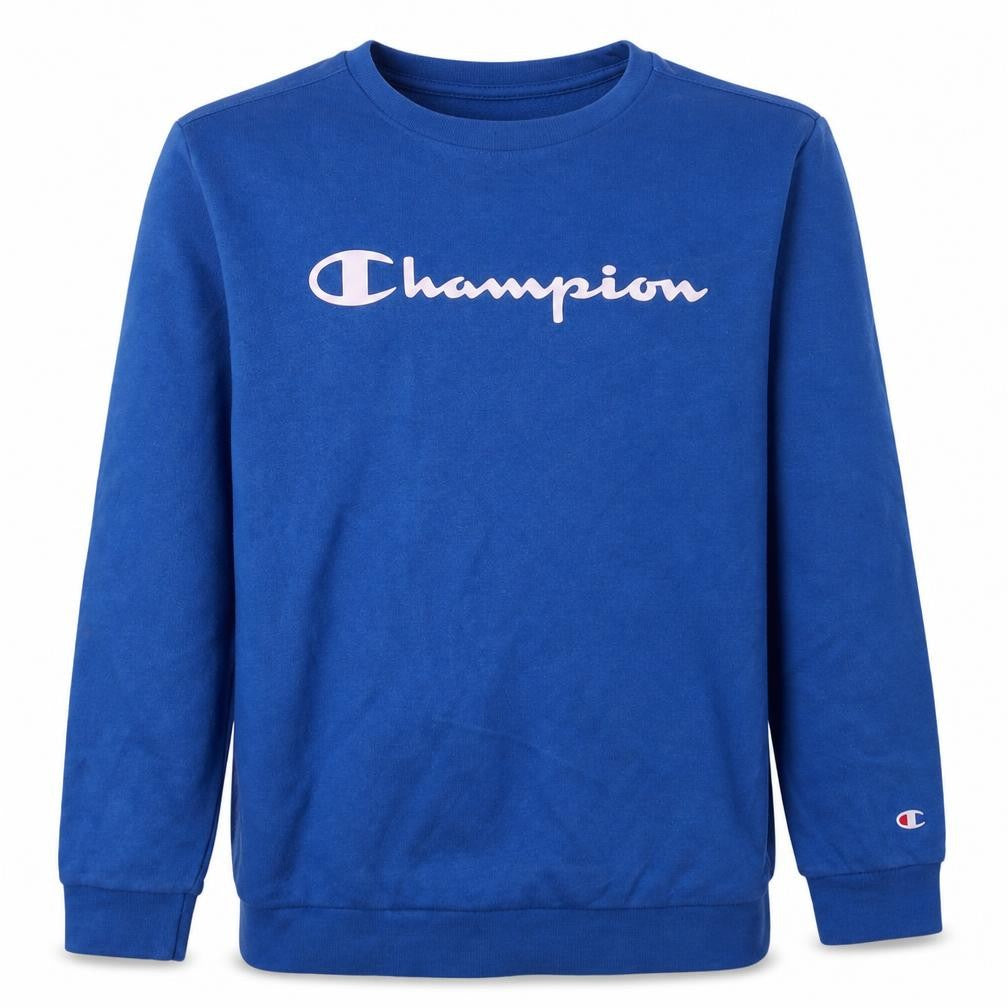 Front view of Champion boys’ blue sweatshirt xl 13-14 years logo crew neck pullover