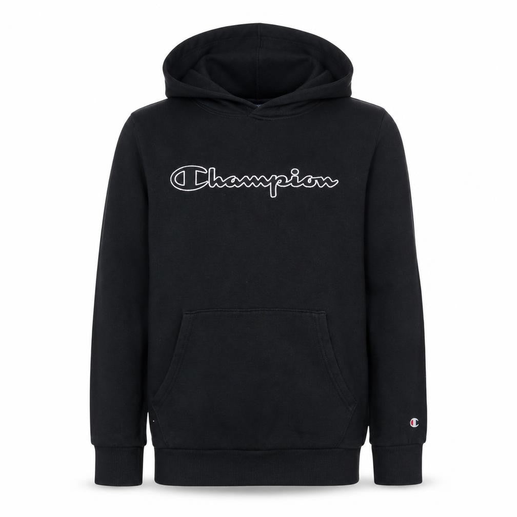 Front view of Champion boys’ black xl pullover hoodie with logo embroidery