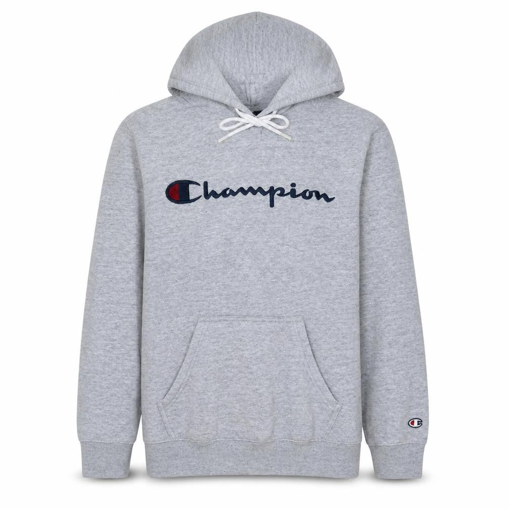 Front view of Champion Men’s Grey Pullover Hoodie Small Embroidered Logo Fleece