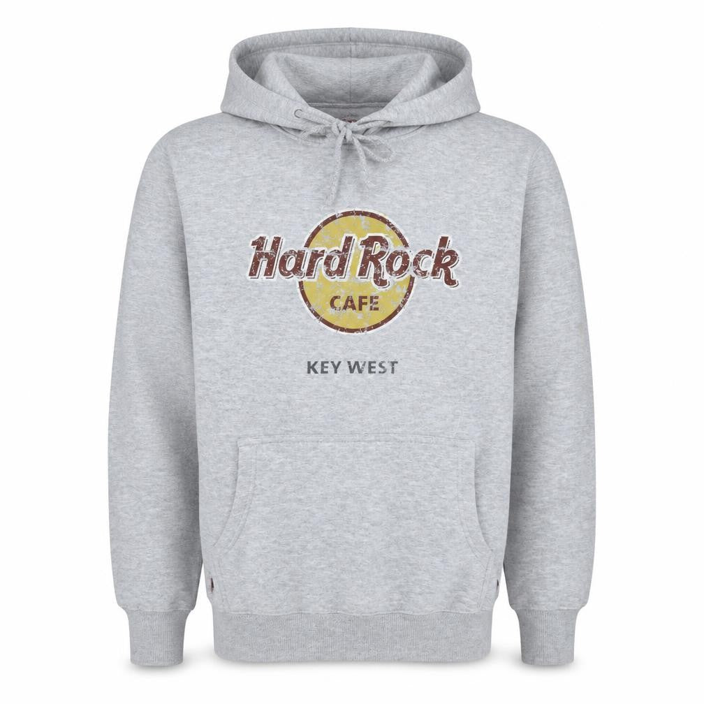Front view of Hard Rock Cafe Key West Grey Pullover Hoodie Men's Medium Fleece Logo