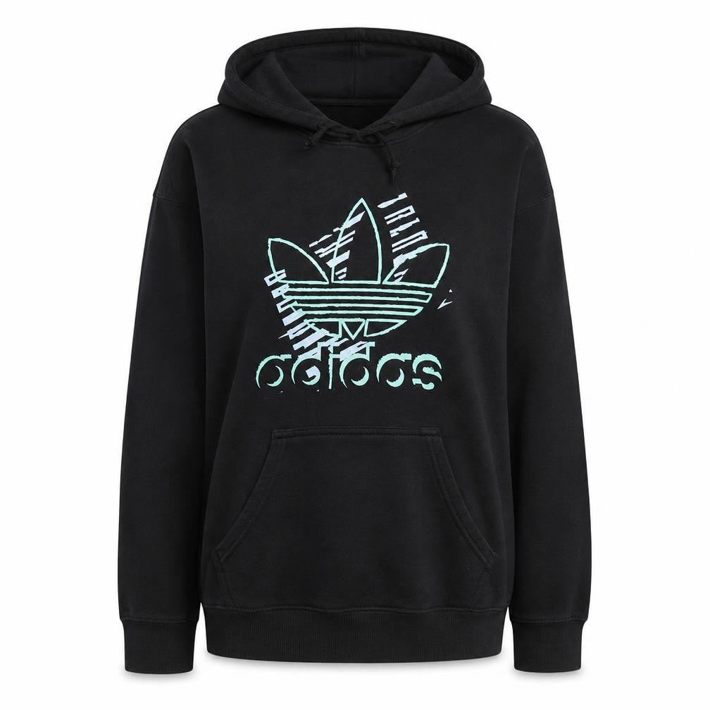 Front view of Adidas women’s black pullover hoodie, size M, graphic logo print