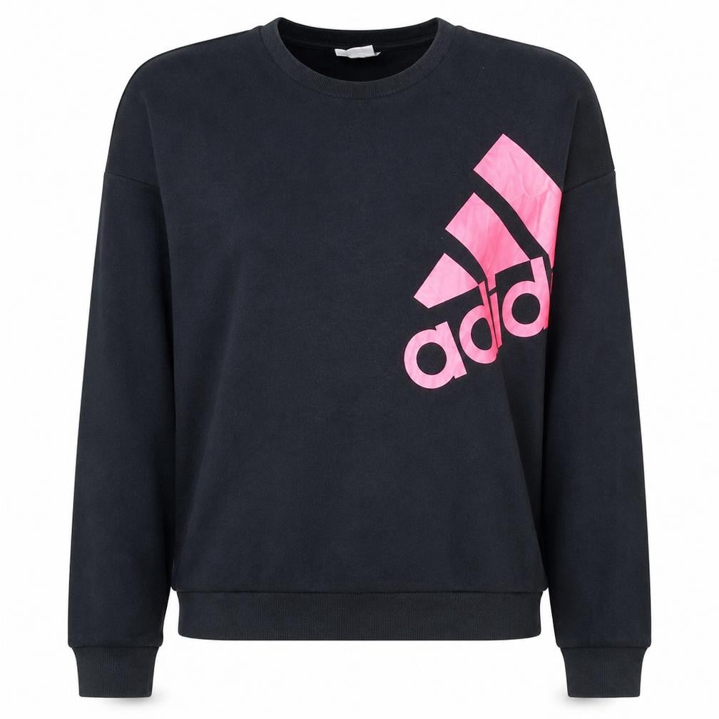 Front view of Adidas Women's Black Pink Logo Pullover Sweatshirt, size M, 12-14