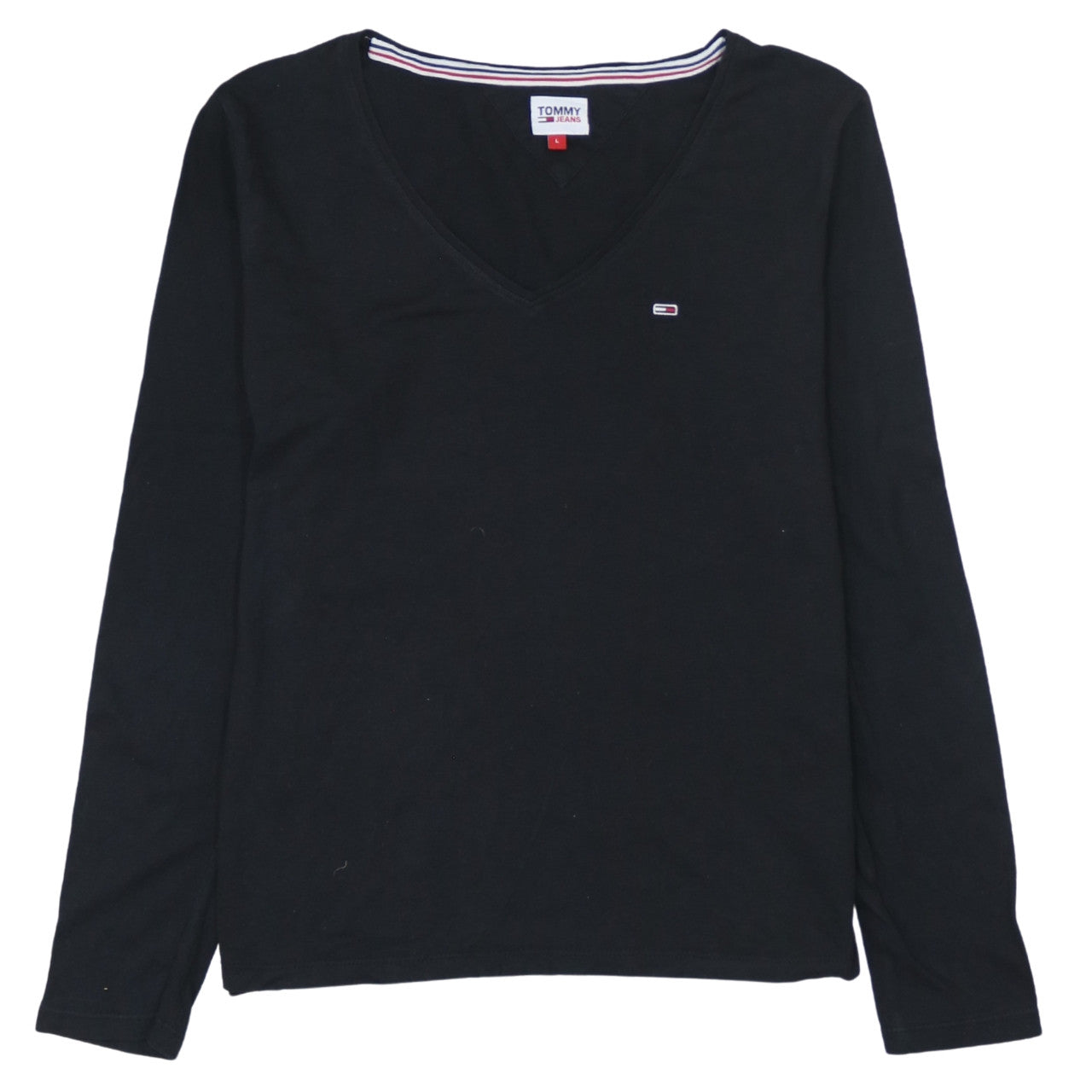Tommy Jeans Womens Black Long Sleeve V-Neck Cotton T-Shirt L