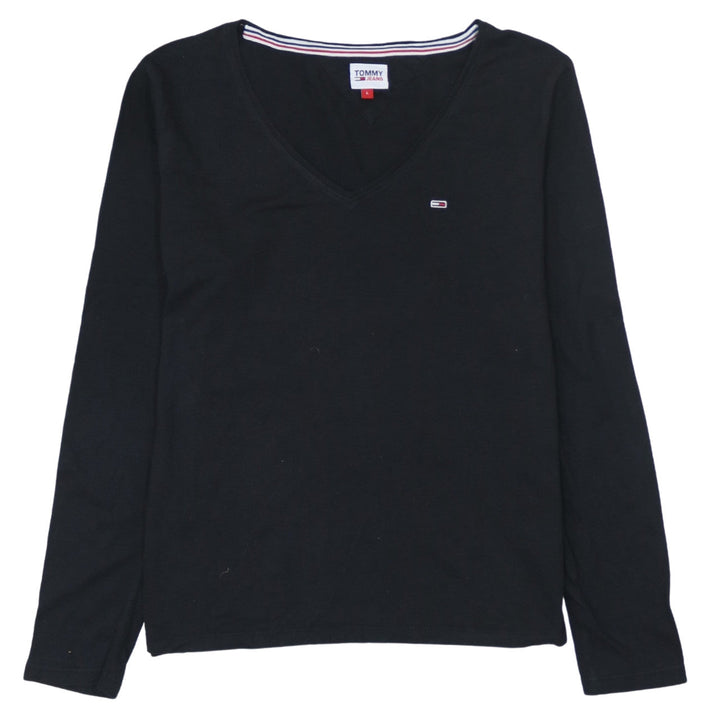 Tommy Jeans Womens Black Long Sleeve V-Neck Cotton T-Shirt L