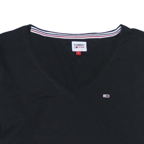Tommy Jeans Womens Black Long Sleeve V-Neck Cotton T-Shirt L