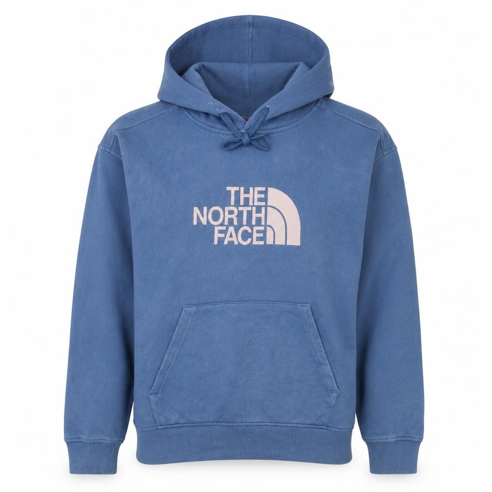 Front view of The North Face women’s blue pullover hoodie medium 100% cotton logo casual