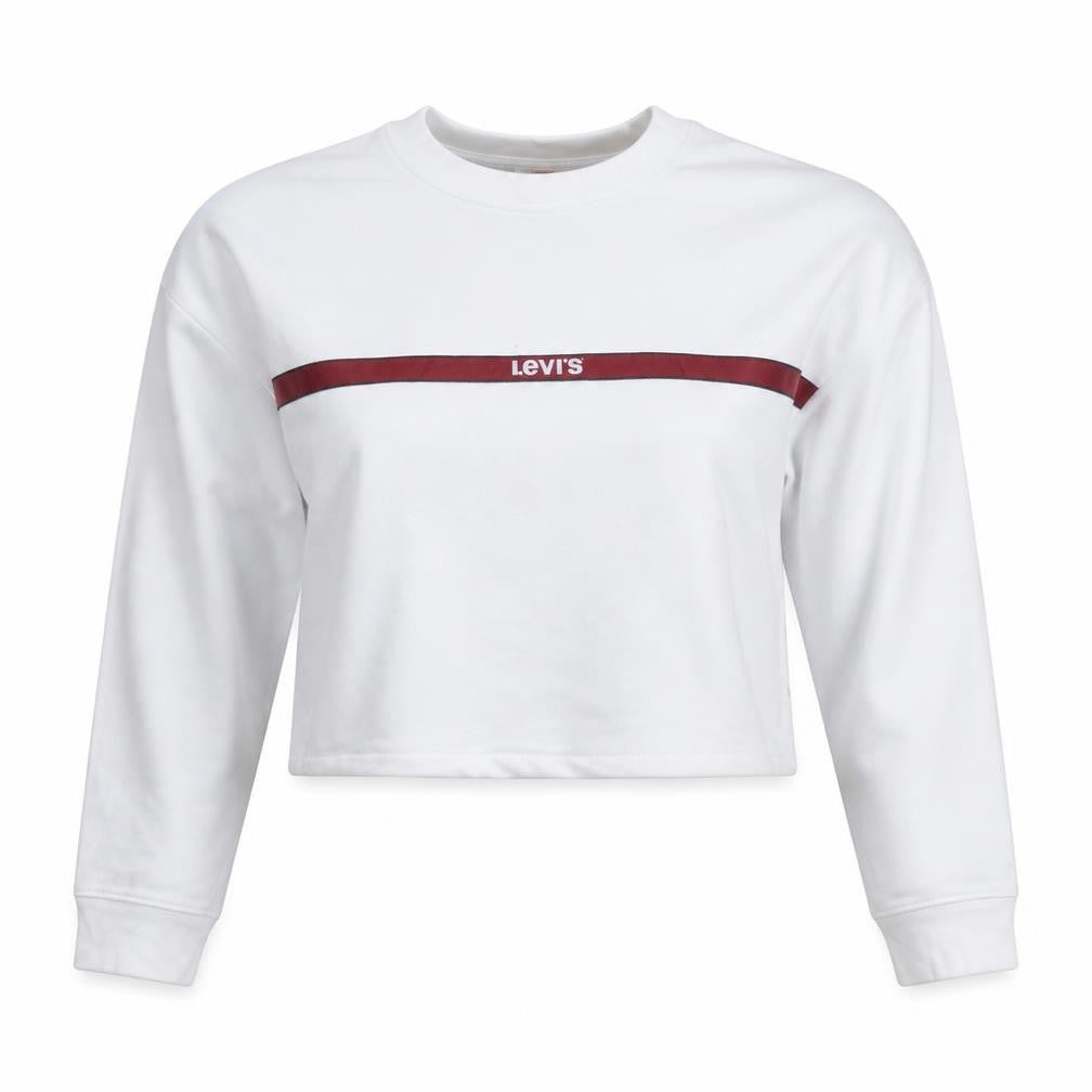 Front view of Levi's Women's White XS Pullover Sweatshirt with Red Logo Trim