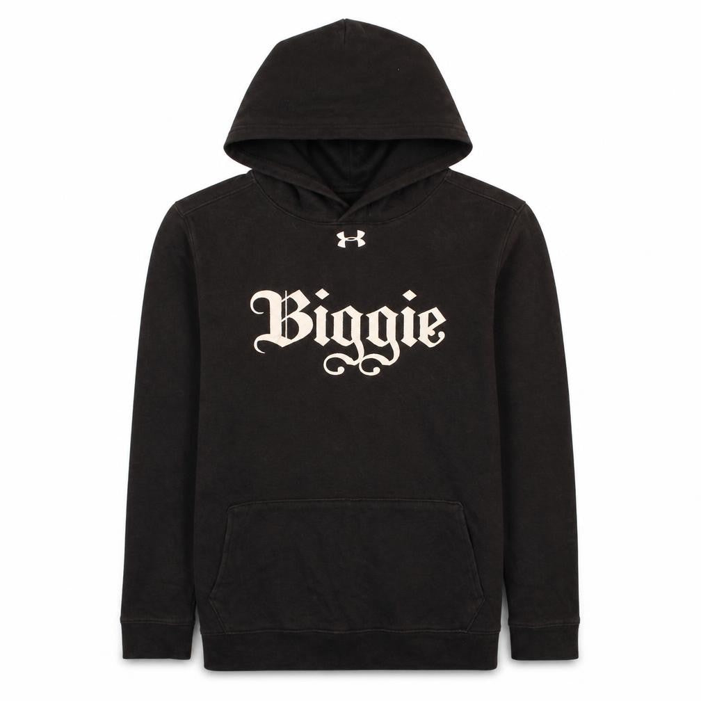 Front view of Under Armour boys’ black coldgear pullover hoodie yxl biggie graphic