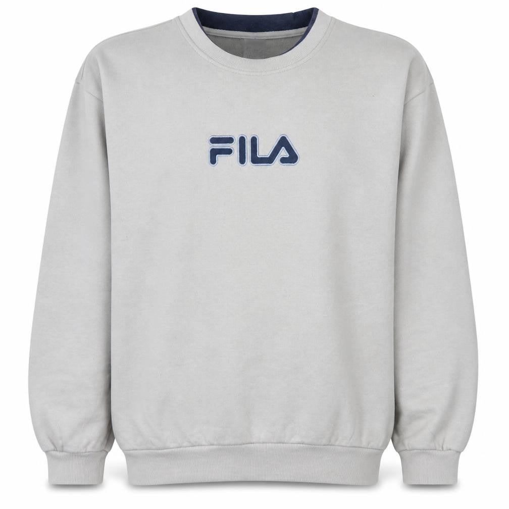 Front view of Fila men’s beige embroidered logo pullover sweatshirt, size L