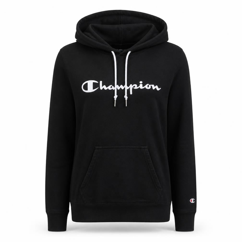 Front view of Champion women’s black xs pullover hoodie with logo print