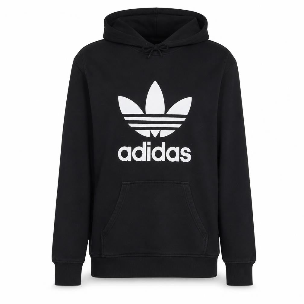 Front view of Adidas women’s black hoodie, size UK 12, pullover hooded sweatshirt