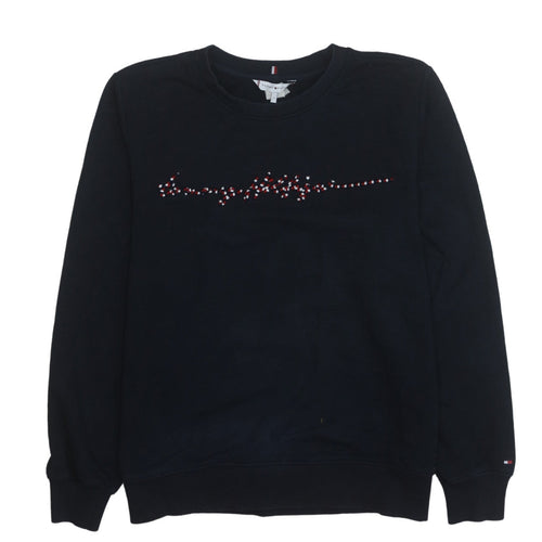 Tommy Hilfiger Womens Black Small Pullover Sweatshirt with Beaded Logo