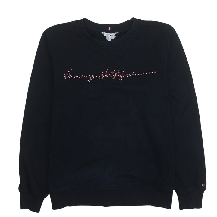 Tommy Hilfiger Womens Black Small Pullover Sweatshirt with Beaded Logo