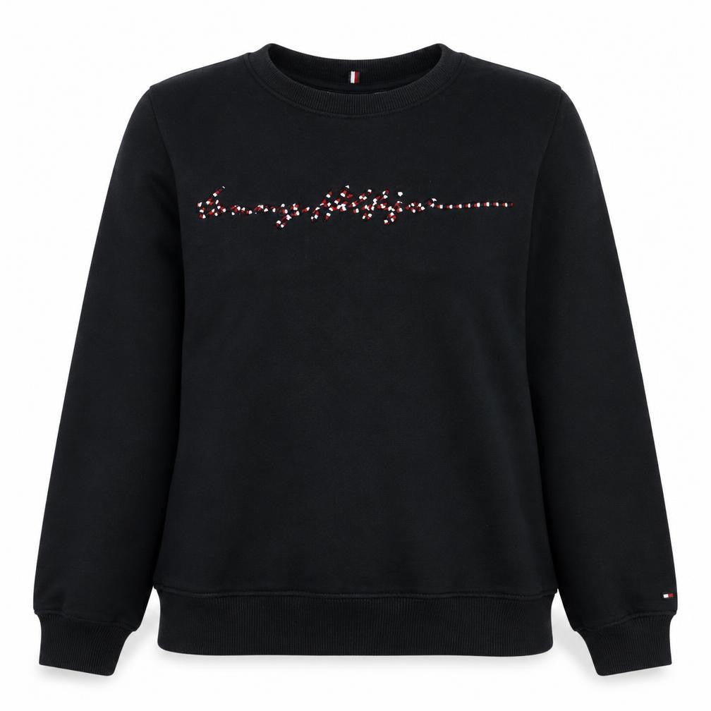 Front view of Tommy Hilfiger women’s black small pullover sweatshirt with beaded logo