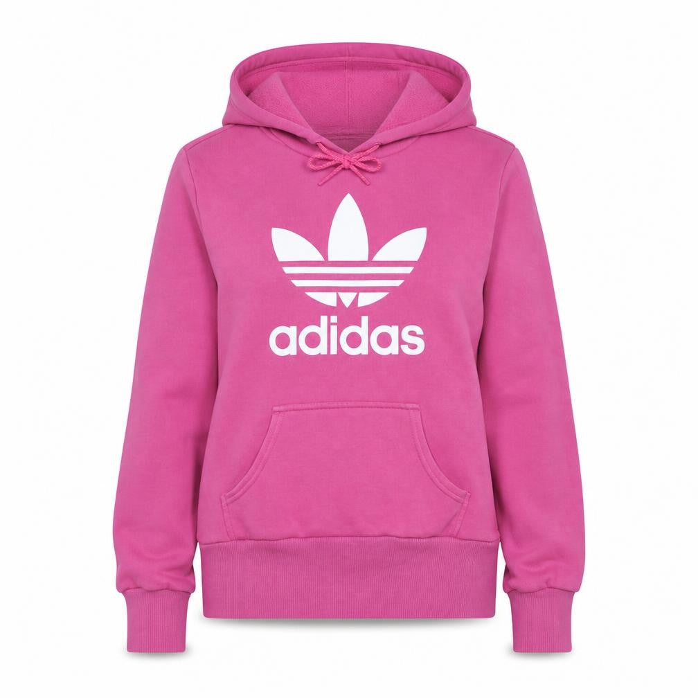 Front view of Adidas women’s pink hoodie, size UK 12, pullover hooded sweatshirt